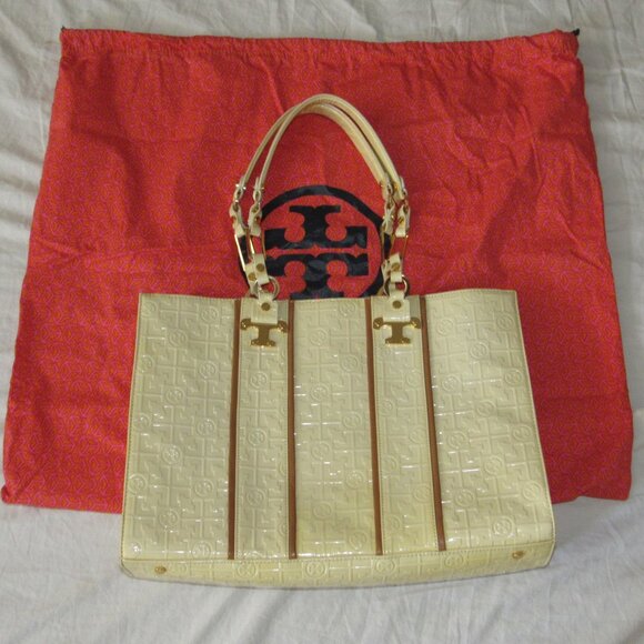 TORY BURCH Nico Lux T Beige Yellow Embossed Patent Leather Tote Bag Purse READ - Picture 1 of 12